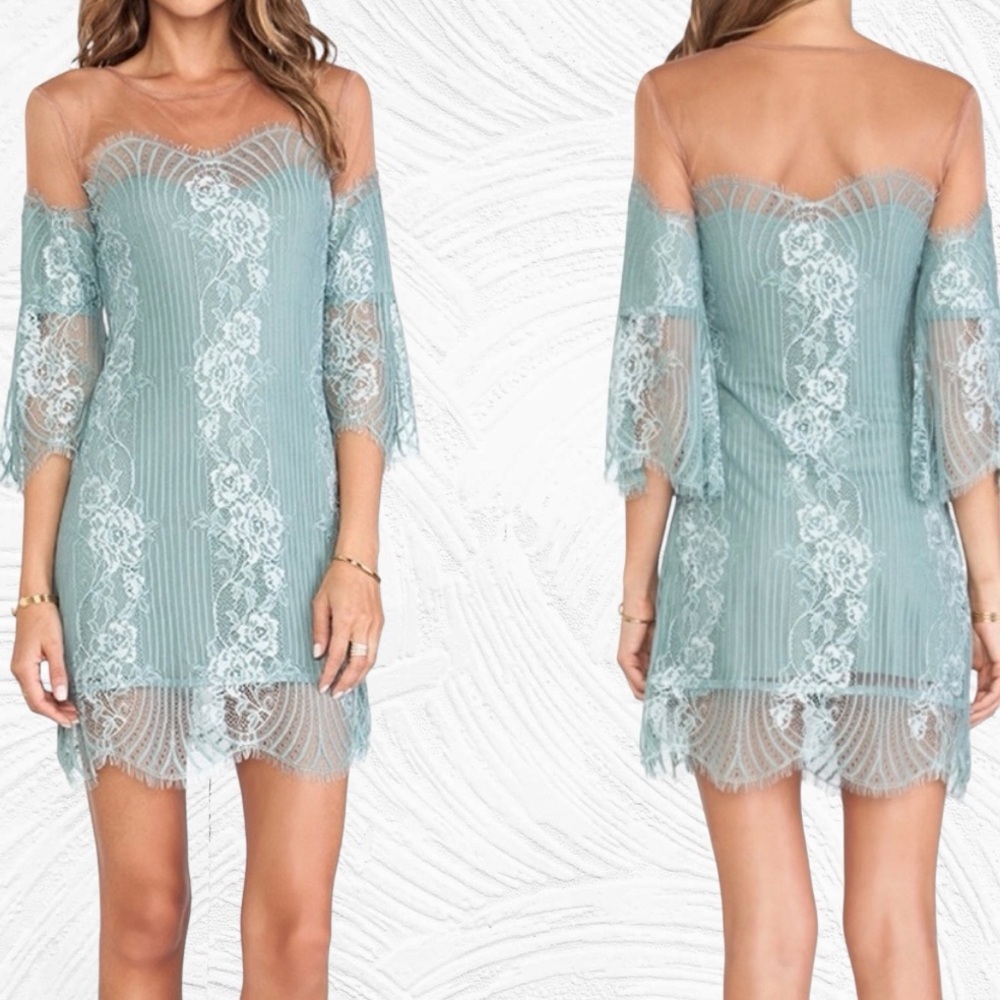 For Love And Lemons Light Sage Lace Off-Shoulder Mini Dress